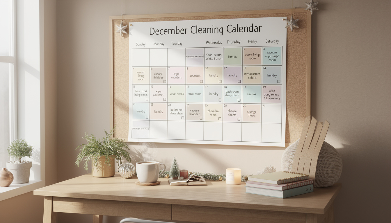 ontdek de december schoonmaakkalender: een stressvrije methode om je huis schoon en georganiseerd te houden tijdens de feestdagen.